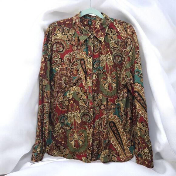 Lauren Ralph Lauren Tops - Lauren Ralph‎ Lauren Paisley Print Cotton Button Down Shirt Woman XL Light Boho